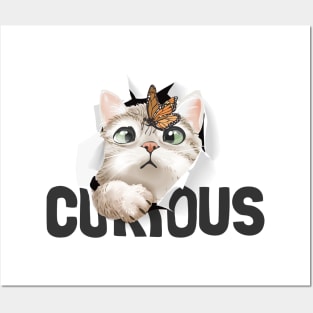 Vector cute cat and butterfly in curious paper hole illustration Posters and Art